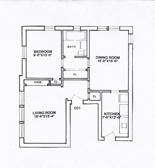 Floor plan for 1 bed, 1 bath, 720 sqft